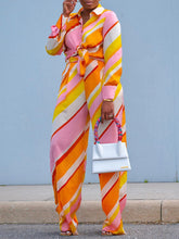 Striped Print Lapel Long Sleeve Shirt High Waist Wide Leg Straight Pants Set